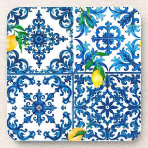 Italian style,Mediterranean,mosaic,blue,lemon, Beverage Coaster