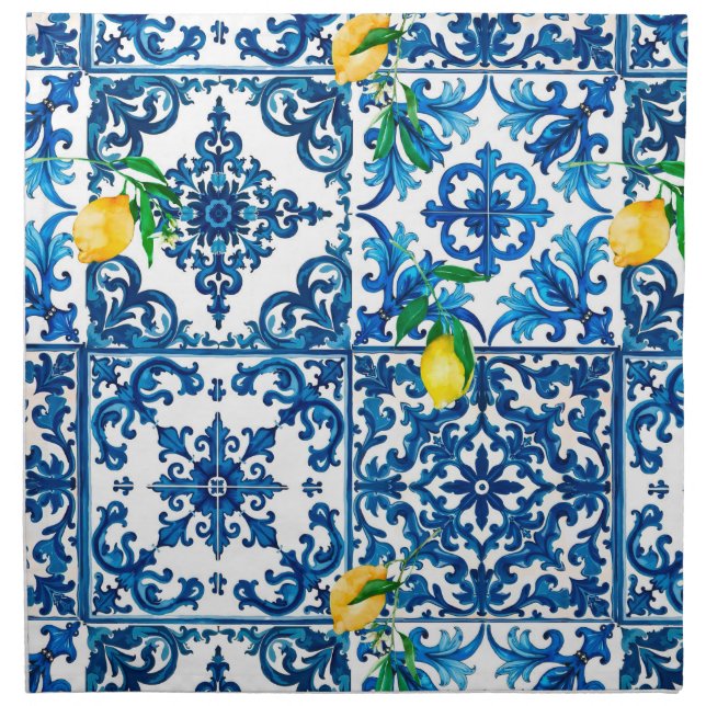 Italian style,Mediterranean,mosaic,blue,lemon, Cloth Napkin (Front)