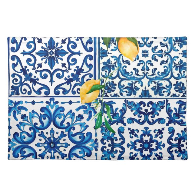 Italian style,Mediterranean,mosaic,blue,lemon, Cloth Placemat (Front)