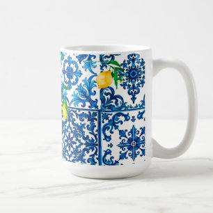 Italian style,Mediterranean,mosaic,blue,lemon, Coffee Mug