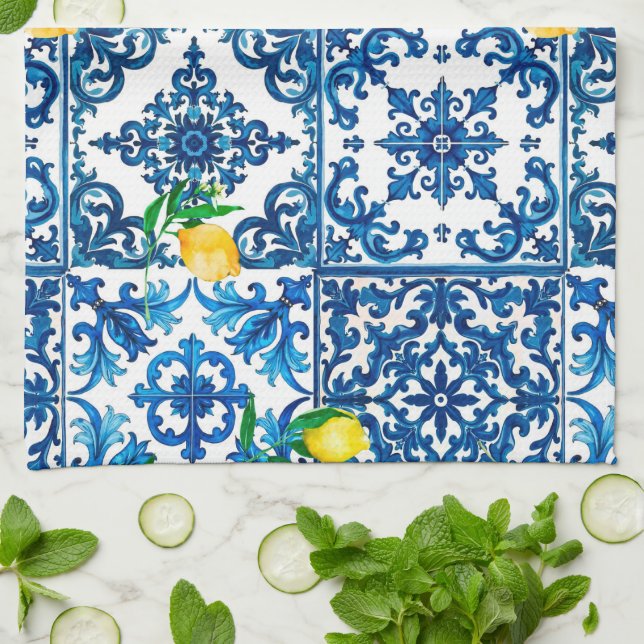 Italian style,Mediterranean,mosaic,blue,lemon, Kitchen Towel (Folded)
