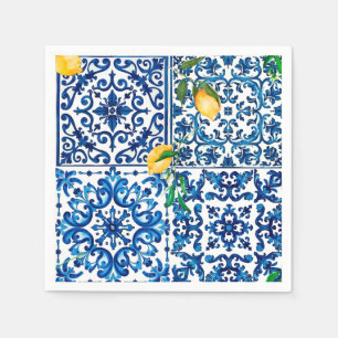 Italian style,Mediterranean,mosaic,blue,lemon, Napkins