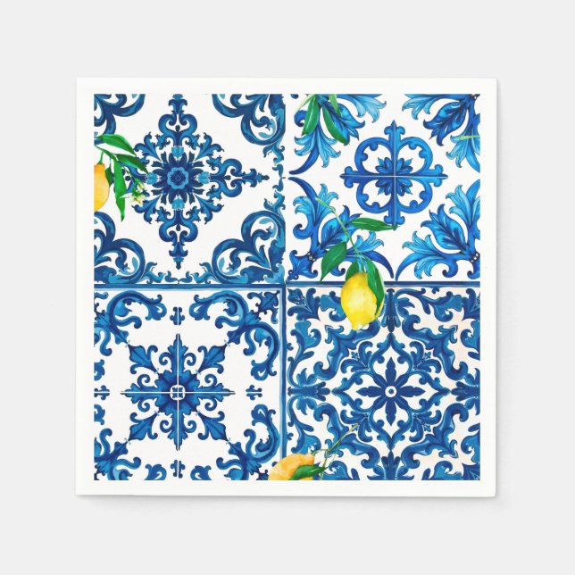 Italian style,Mediterranean,mosaic,blue,lemon, Napkins (Front)
