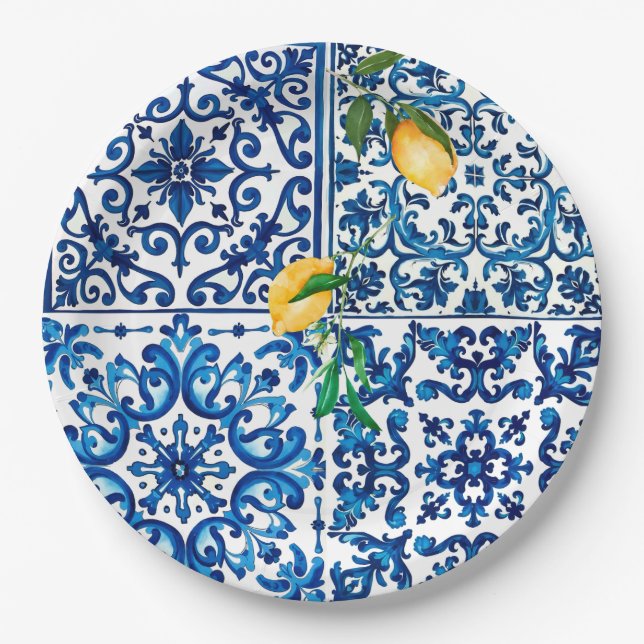 Italian style,Mediterranean,mosaic,blue,lemon, Paper Plates (Front)