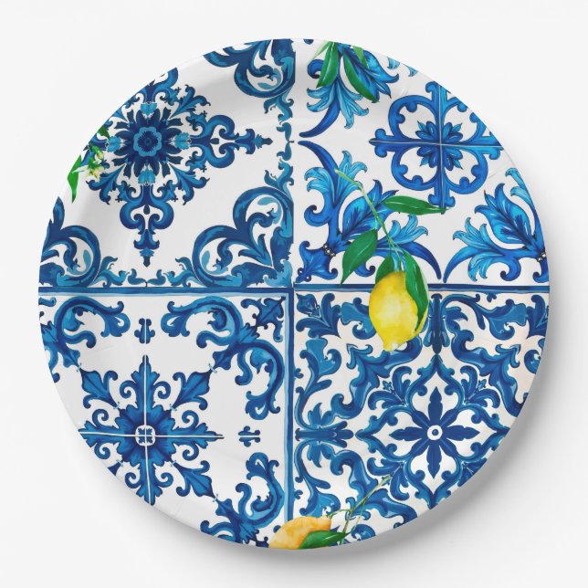 Italian style,Mediterranean,mosaic,blue,lemon, Paper Plates (Front)