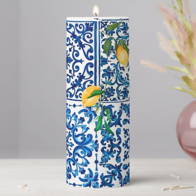 Italian style,Mediterranean,mosaic,blue,lemon, Pillar Candle (In Situ)