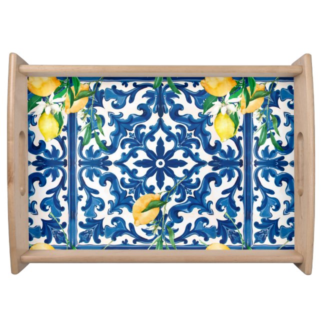 Italian style,Mediterranean,mosaic,blue,lemon, Serving Tray (Front)