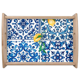 Italian style,Mediterranean,mosaic,blue,lemon, Serving Tray