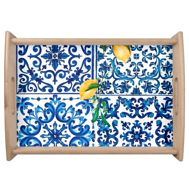 Italian style,Mediterranean,mosaic,blue,lemon, Serving Tray (Front)