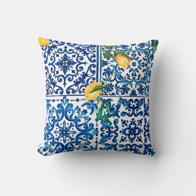 Italian style,Mediterranean,mosaic,blue,lemon, Throw Pillow (Front)