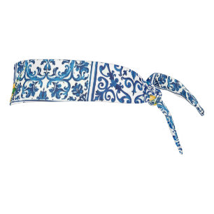 Italian style,Mediterranean,mosaic,blue,lemon, Tie Headband