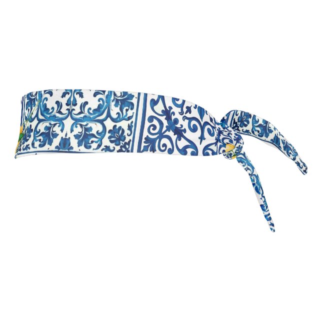 Italian style,Mediterranean,mosaic,blue,lemon, Tie Headband (Rotate 90)