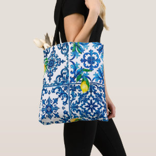 Italian style,Mediterranean,mosaic,blue,lemon, Tote Bag