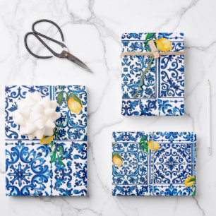Italian style,Mediterranean,mosaic,blue,lemon, Wrapping Paper Sheets