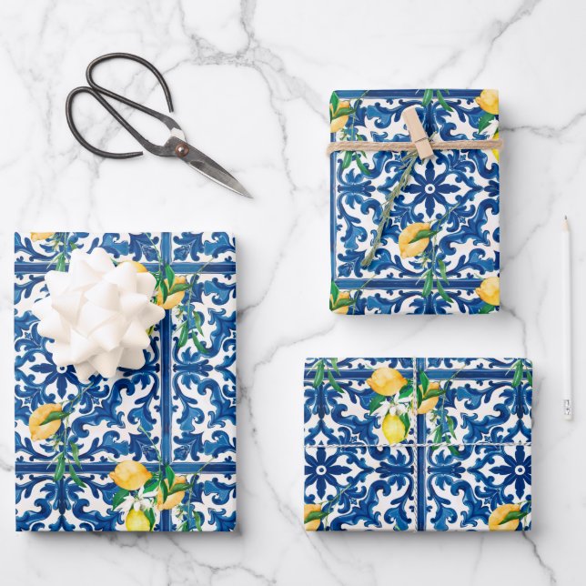 Italian style,Mediterranean,mosaic,blue,lemon, Wrapping Paper Sheets (Front)