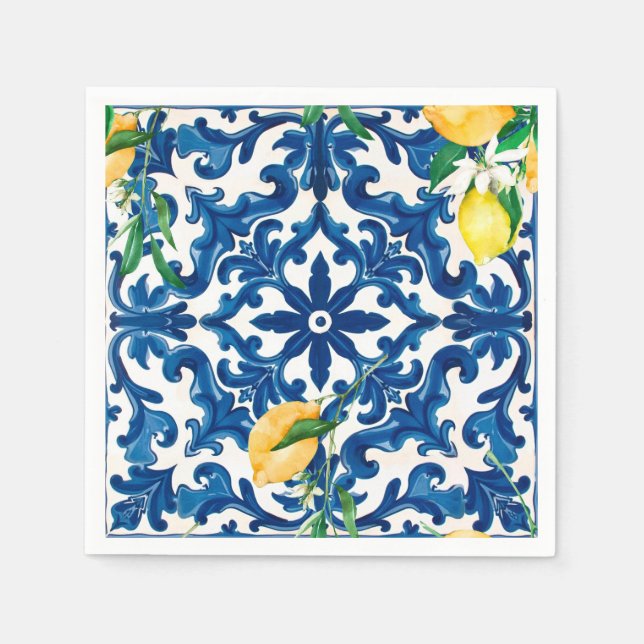Italian style,Mediterranean,mosaic,blue, Napkins (Front)