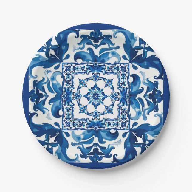Italian style,Mediterranean,mosaic,blue, Paper Plates (Front)