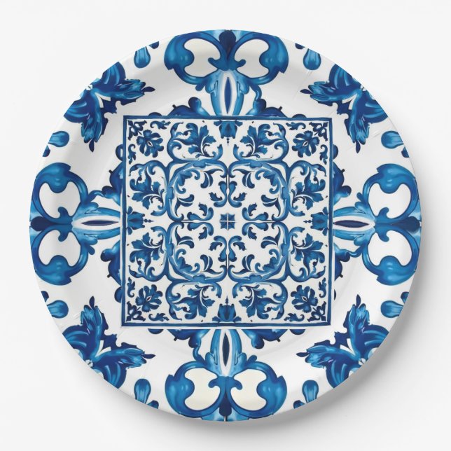 Italian style,Mediterranean,mosaic,blue, Paper Plates (Front)