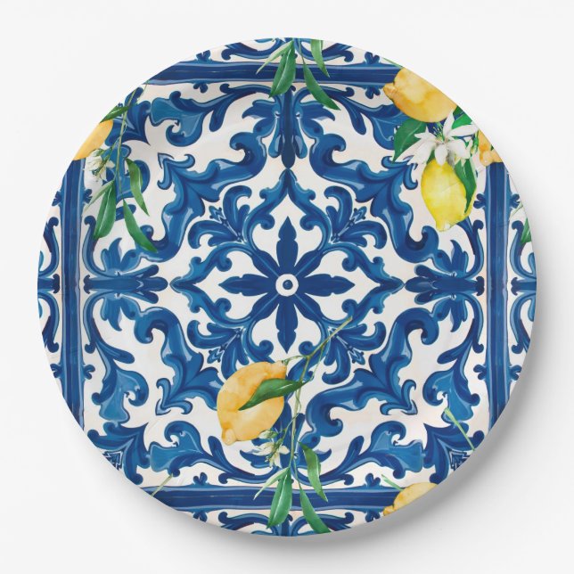 Italian style,Mediterranean,mosaic,blue, Paper Plates (Front)