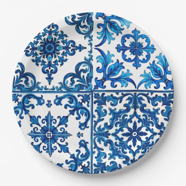 Italian style,Mediterranean,mosaic,blue, Paper Plates (Front)