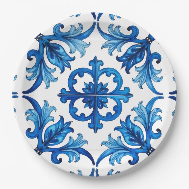 Italian style,Mediterranean,mosaic,blue, Paper Plates (Front)
