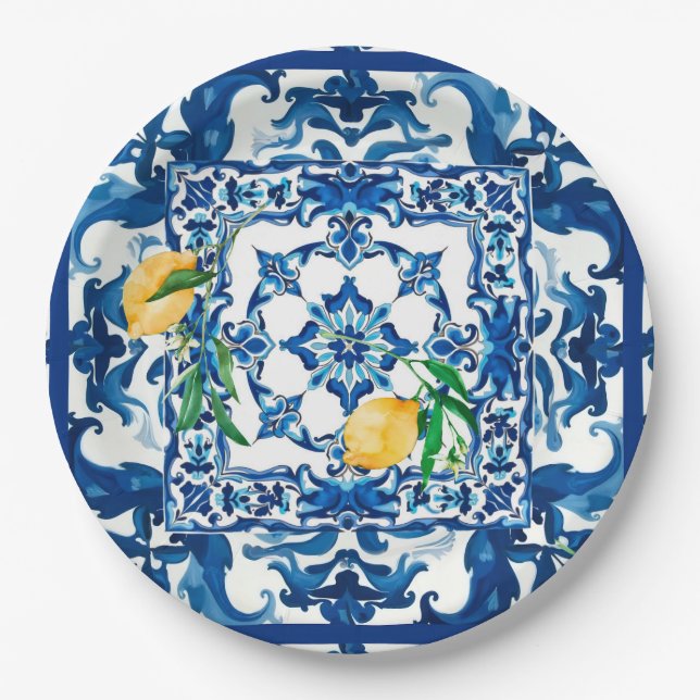 Italian style,Mediterranean,mosaic,blue, Paper Plates (Front)