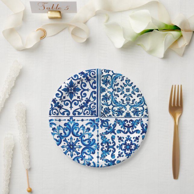 Italian style,Mediterranean,mosaic,blue, Paper Plates (Wedding)