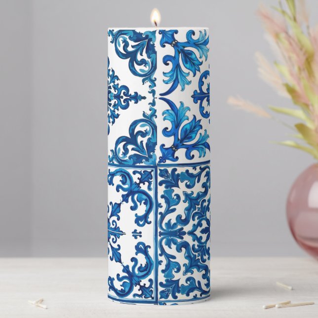 Italian style,Mediterranean,mosaic,blue, Pillar Candle (In Situ)