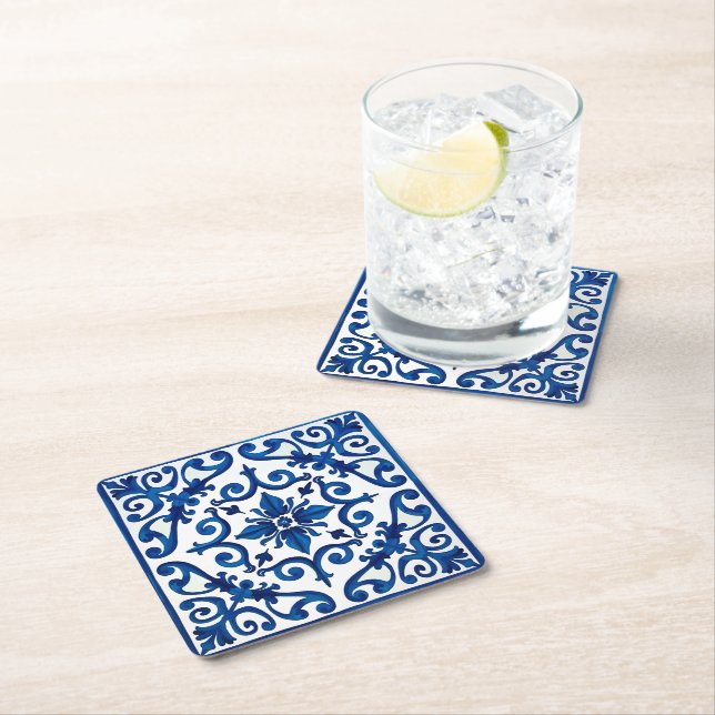 Italian style,Mediterranean,mosaic,blue, Square Paper Coaster (Insitu)