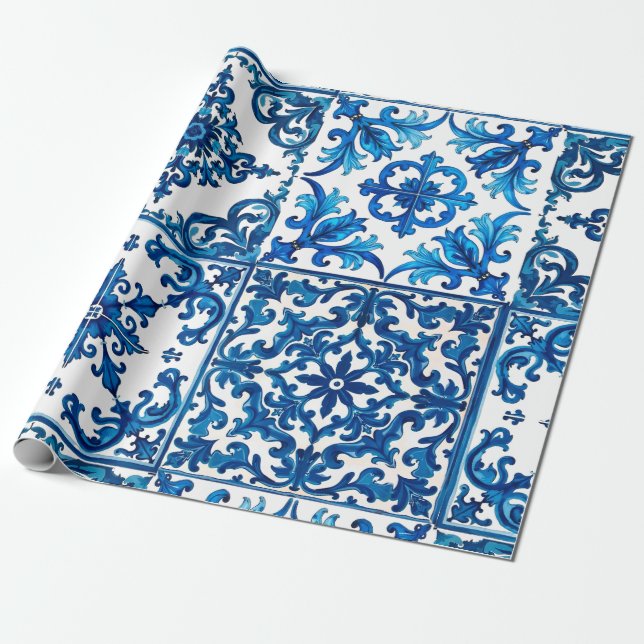 Italian style,Mediterranean,mosaic,blue, Wrapping Paper (Unrolled)