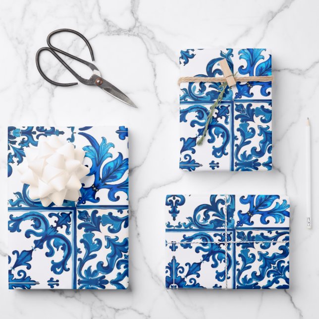 Italian style,Mediterranean,mosaic,blue, Wrapping Paper Sheets (Front)