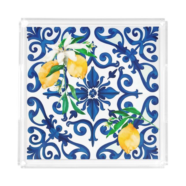 Italian style,mosaic,blue,lemon, acrylic tray (Front)