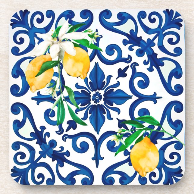 Italian style,mosaic,blue,lemon, beverage coaster (Front)