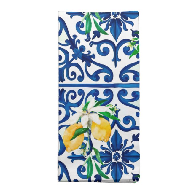 Italian style,mosaic,blue,lemon, cloth napkin (Folded)