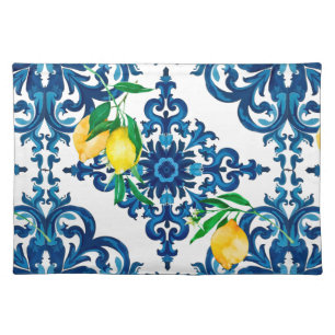 Italian style,mosaic,blue,lemon, cloth placemat