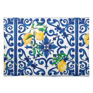 Italian style,mosaic,blue,lemon, cloth placemat