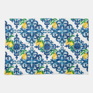 Italian style,mosaic,blue,lemon, kitchen towel