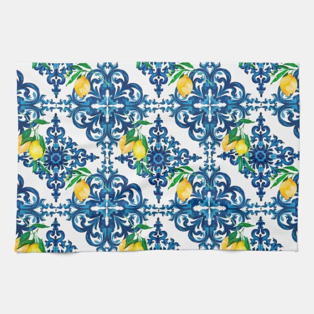 Italian style,mosaic,blue,lemon, kitchen towel (Horizontal)