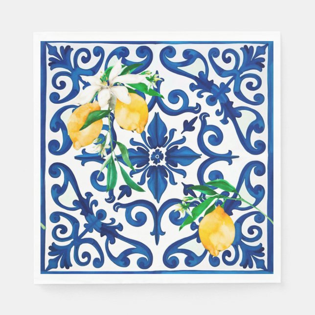 Italian style,mosaic,blue,lemon, napkins (Front)