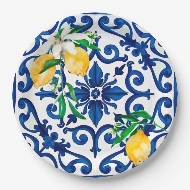 Italian style,mosaic,blue,lemon, paper plates (Front)