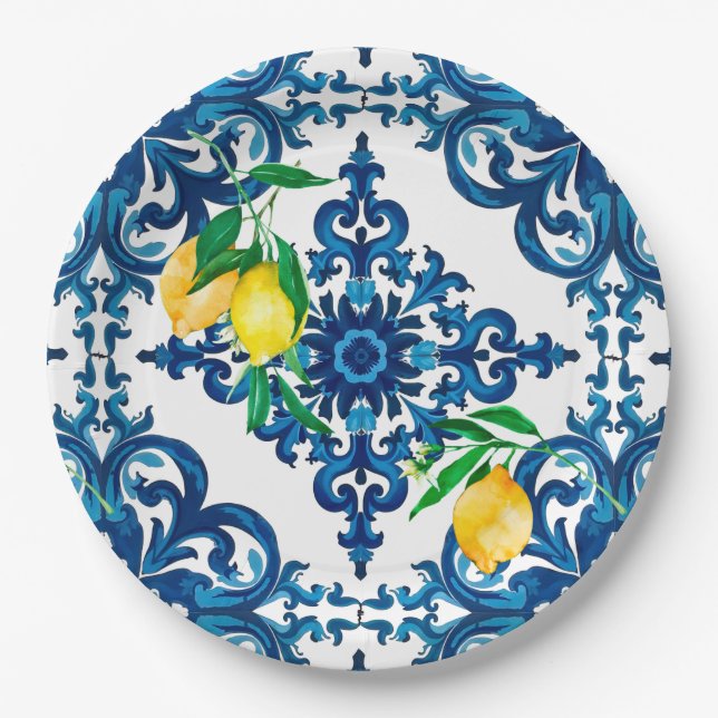 Italian style,mosaic,blue,lemon, paper plates (Front)