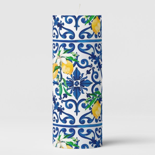 Italian style,mosaic,blue,lemon, pillar candle (Front)