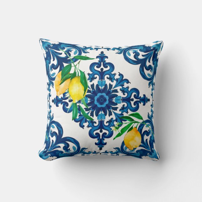 Italian style,mosaic,blue,lemon, throw pillow (Front)