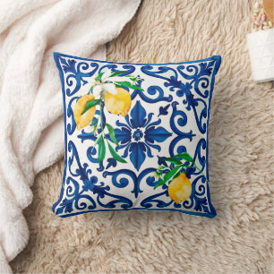 Italian style,mosaic,blue,lemon, throw pillow