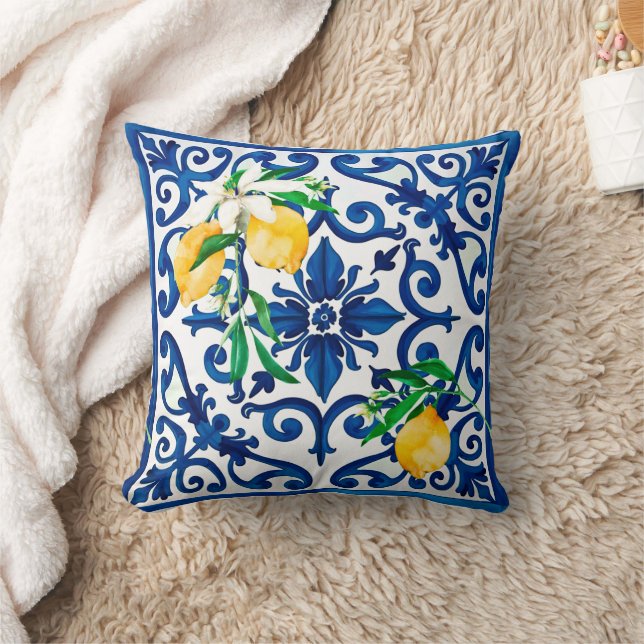 Italian style,mosaic,blue,lemon, throw pillow (Blanket)