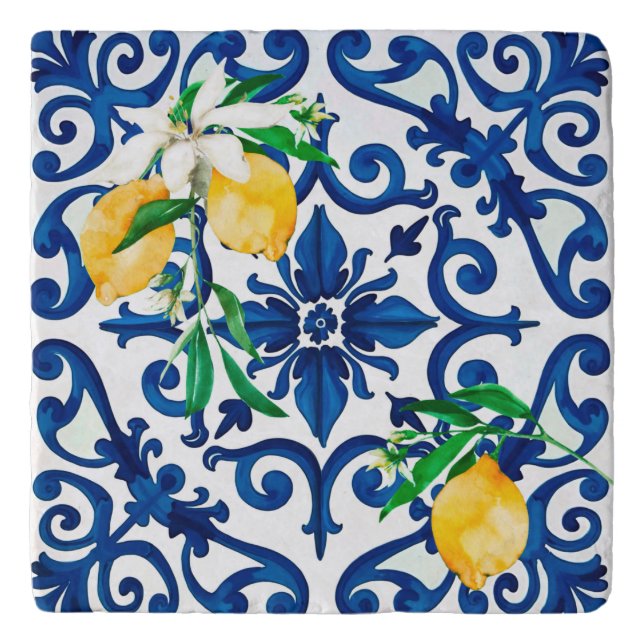 Italian style,mosaic,blue,lemon, trivet (Front)