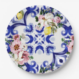 Italian style,tiles,majolica,lemon All-Over Print Paper Plates
