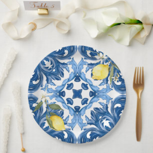 Italian style,tiles,majolica,lemon ,All-Over Print Paper Plates
