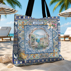 Italian Summer Blue Floral Citrus Monogram Gift Tote Bag