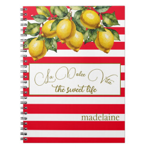 Italian Summer Lemon Botanical Red White Stripe  Notebook